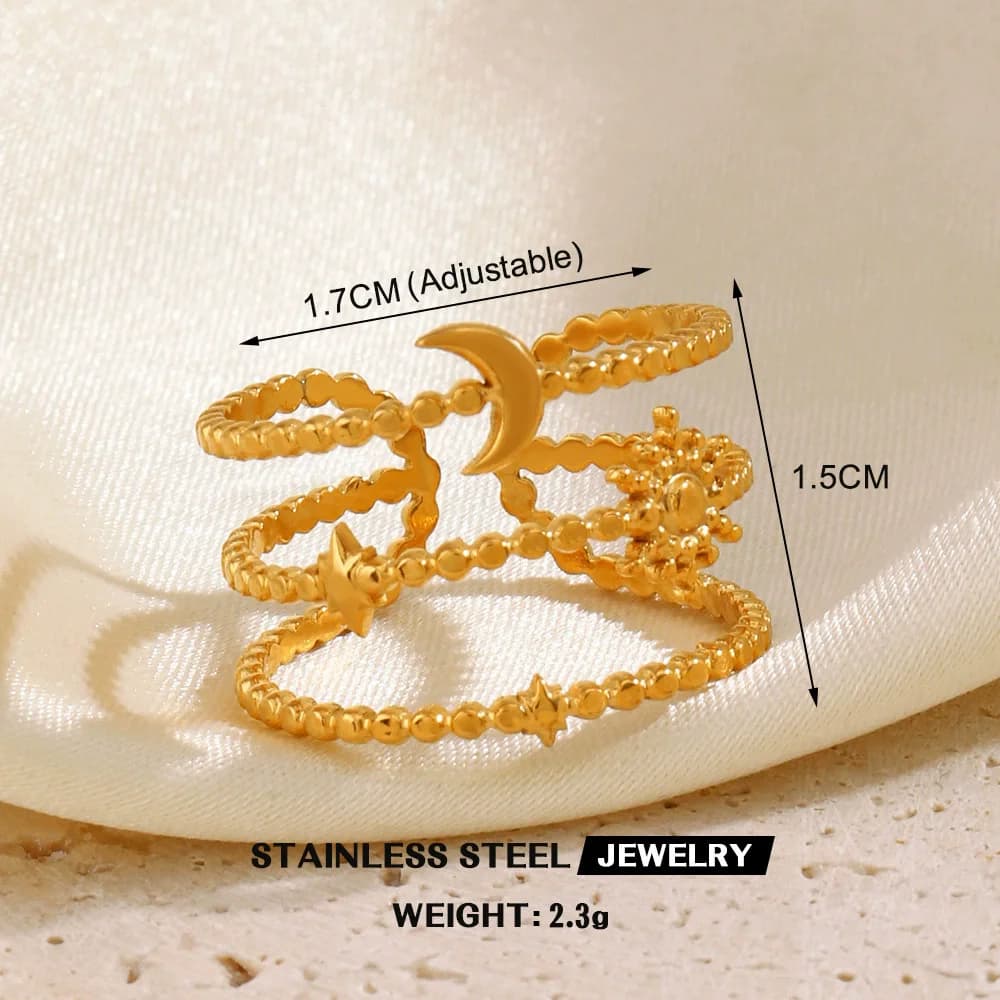 Anillo ajustable de hoja de ginkgo con circonia, acero inoxidable
