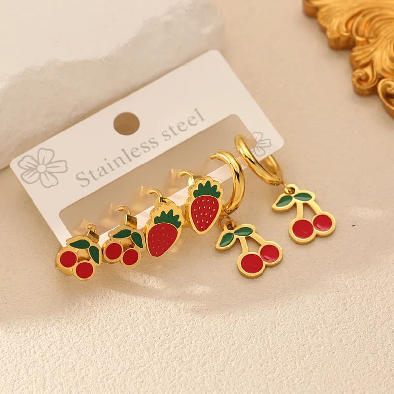 3 Pares de Pendientes de Aro con Cerezas y Fresas