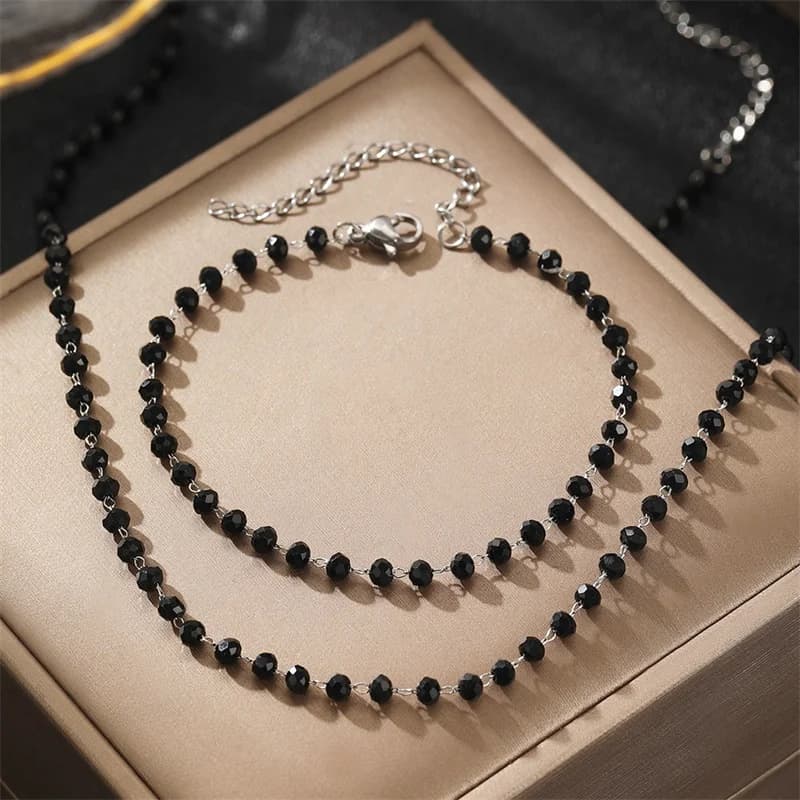 Set de Collar y Pulsera con Cuenta Negra y Cadena