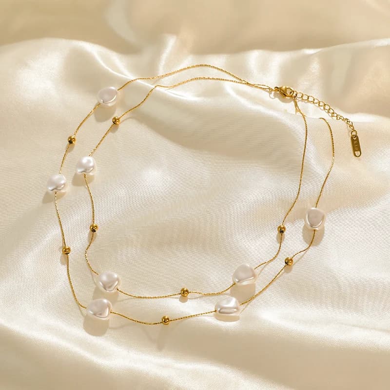 Collar de doble capa con perlas irregulares de acero inoxidable