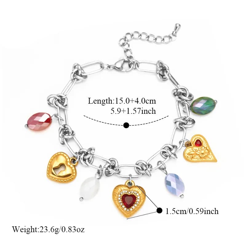 Brazalete Pulsera de Acero Inoxidable con Dijes de Corazón y Circonita