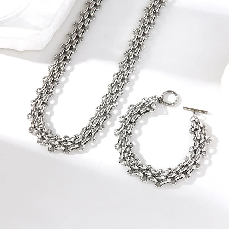 Set de collar y pulsera de cadena cubana, plata
