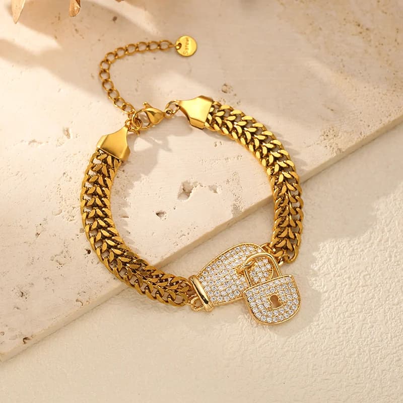 Pulsera de Acero Inoxidable con Dijes de Candado y Diamantes de Imitación