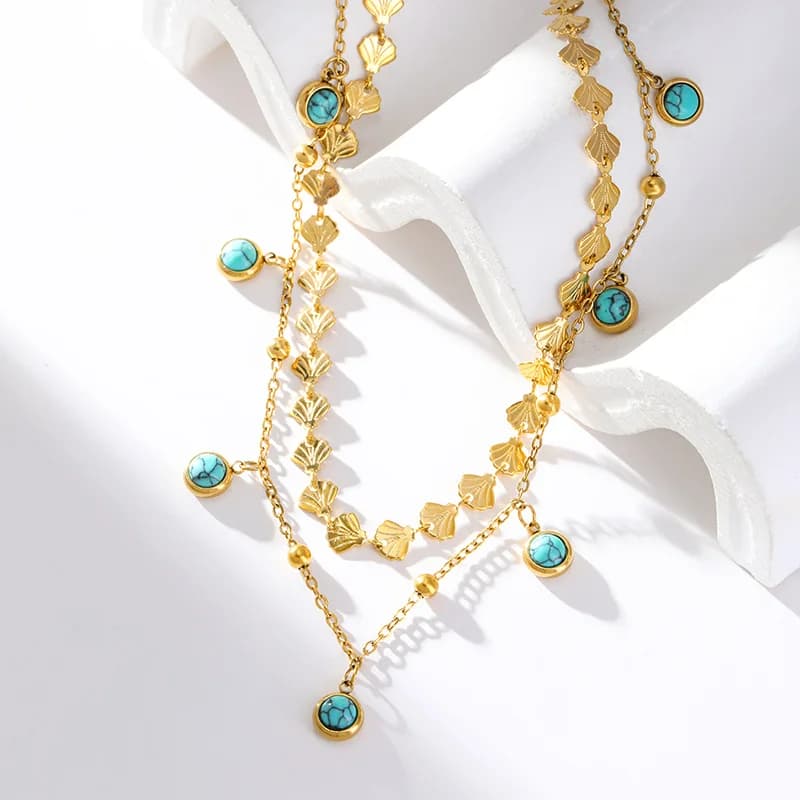 Collar Doble Capa de Acero Inoxidable con Turquesa Artificial
