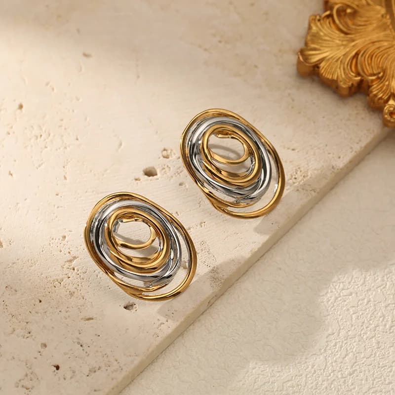 Pendientes de botón geométricos bicolor en acero inoxidable 316L
