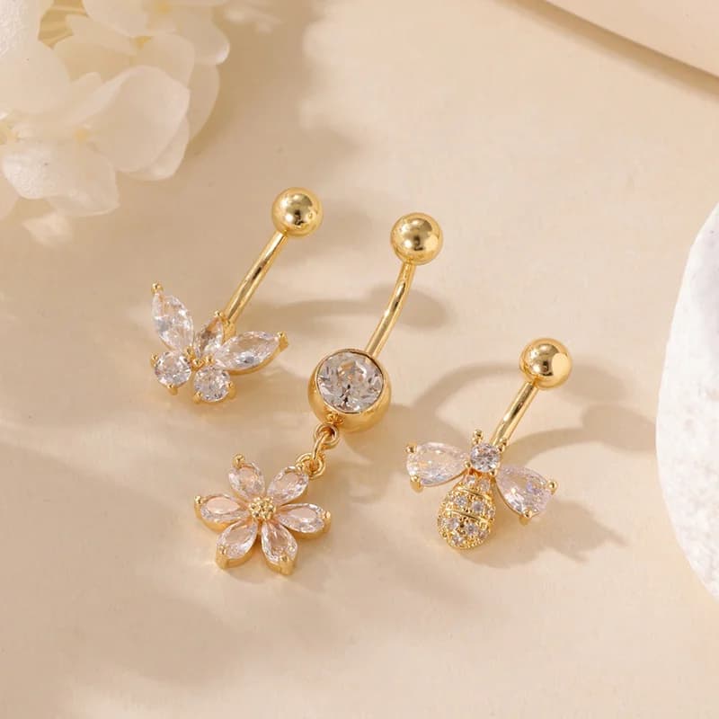 3 Pcs Anillos de Ombligo Estrella de Mar y Pulpo, Zircon Blanco