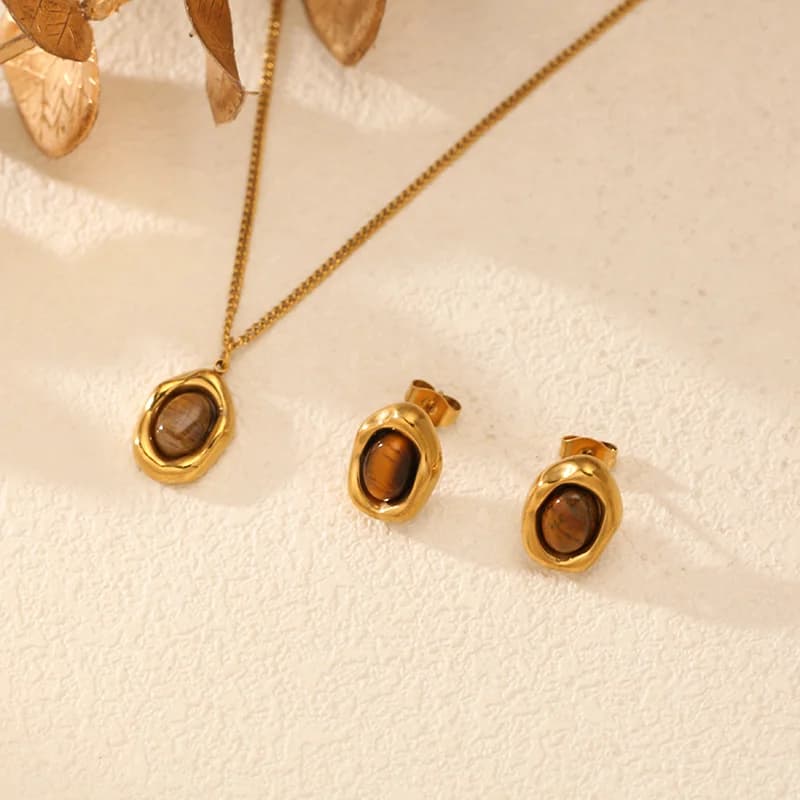 Set de Collar con Colgante y Pendientes de Piedra Marrón Vintage