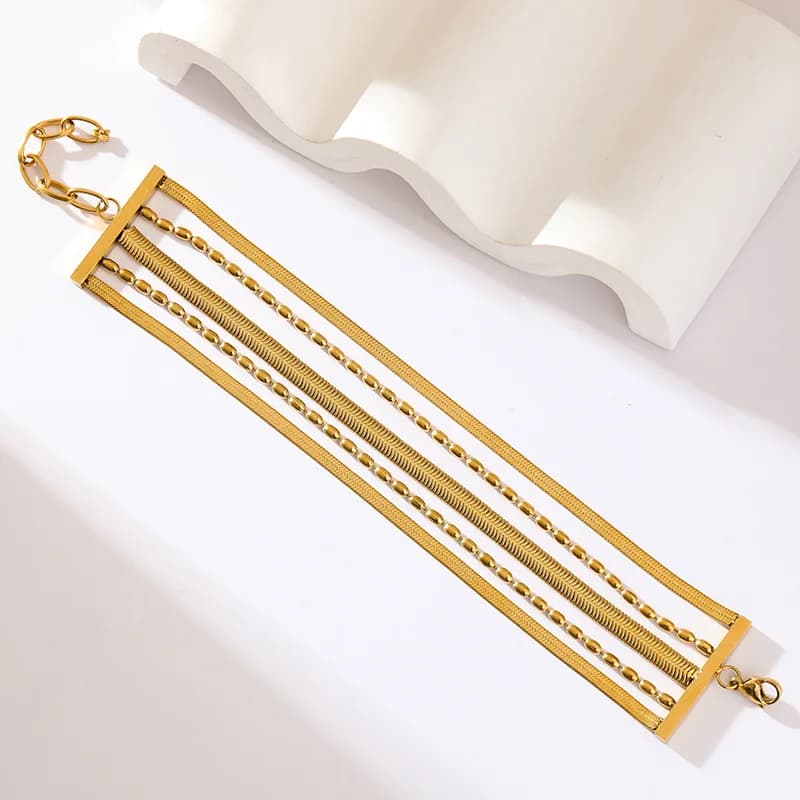 Pulsera ancha multicapa de acero inoxidable dorado
