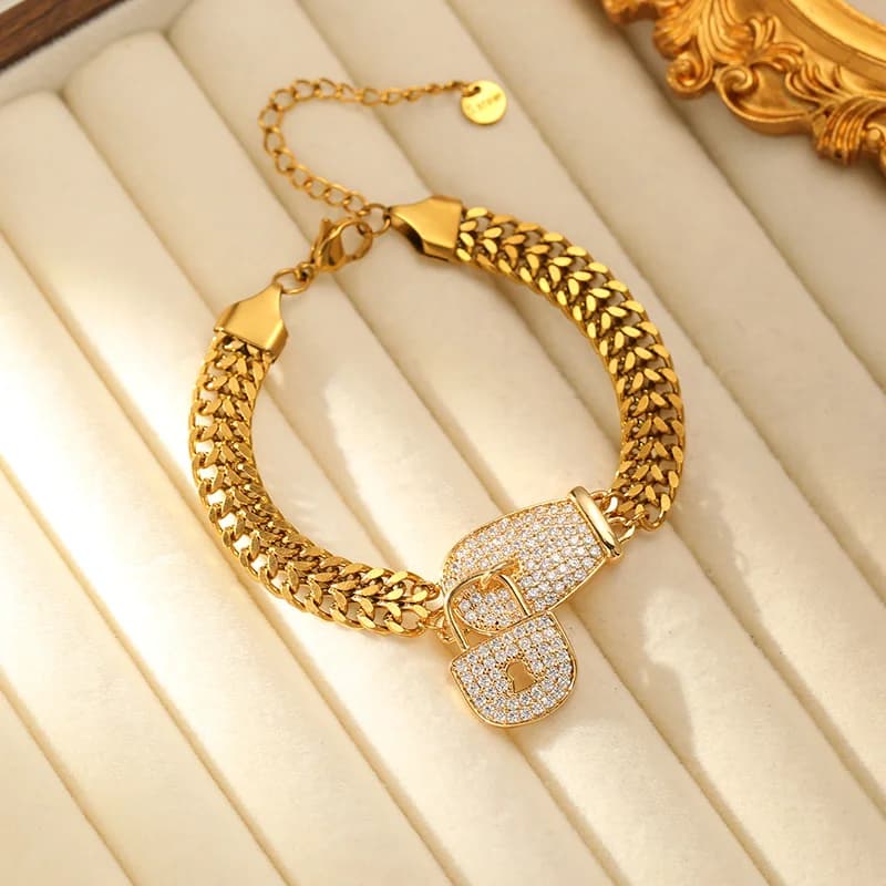 Pulsera de Acero Inoxidable con Dijes de Candado y Diamantes de Imitación