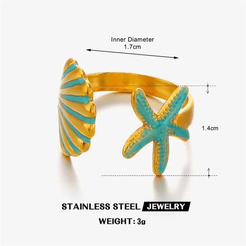 Anillo ajustable de estrella de mar y concha en esmalte, acero inoxidable