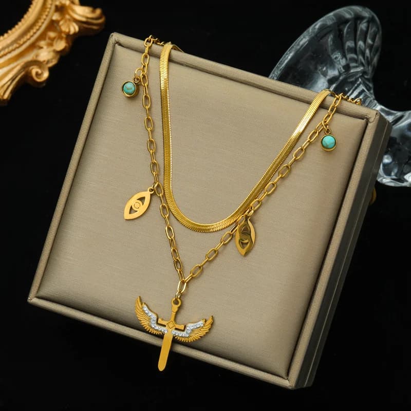 Collar Colgante Geométrico Multi-capa con Moneda y Piedra