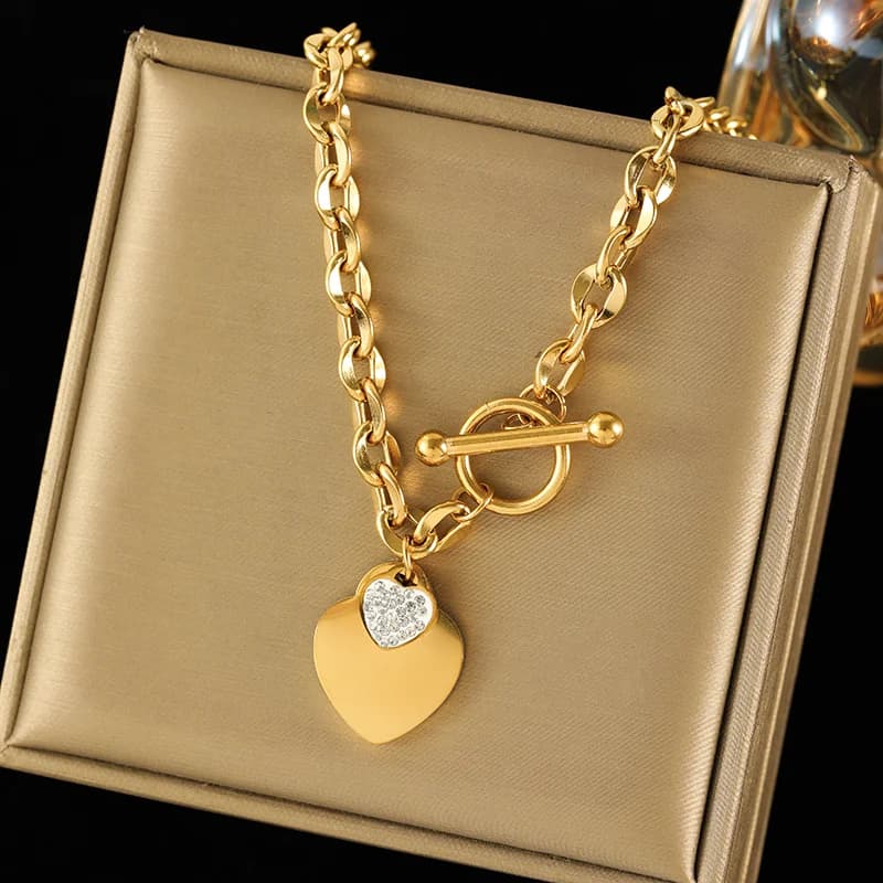 Juego de collar y pulsera de doble corazón, plata