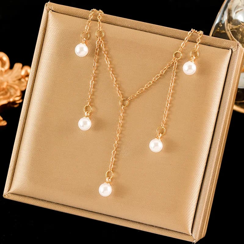Collar Doble Capa de Acero Inoxidable con Turquesa Artificial