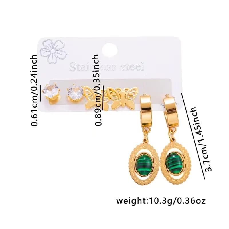 Set de Pendientes de Botón con Mariposa y Piedra Verde Ovalada (3 Pares)