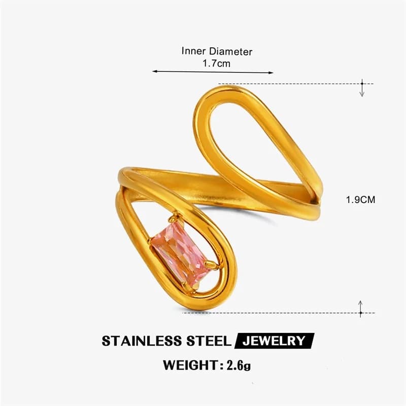 Anillo ajustable geométrico con circonia de vidrio, chapado en oro de 18K