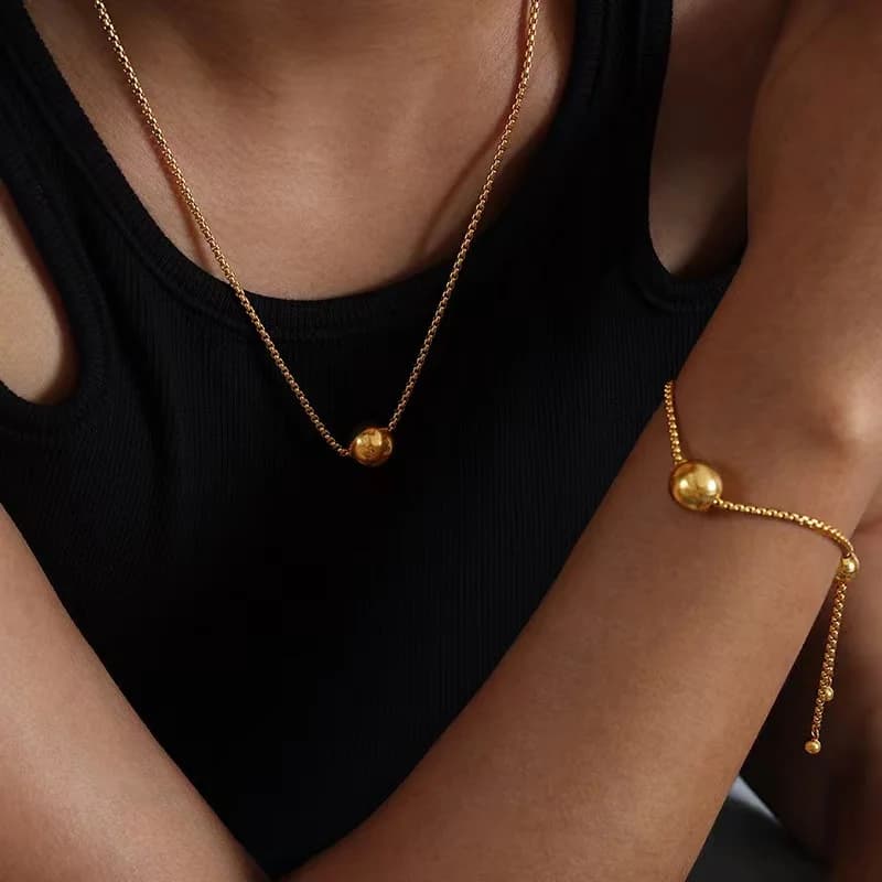 Juego de joyería de cuentas esféricas en acero inoxidable 316L dorado