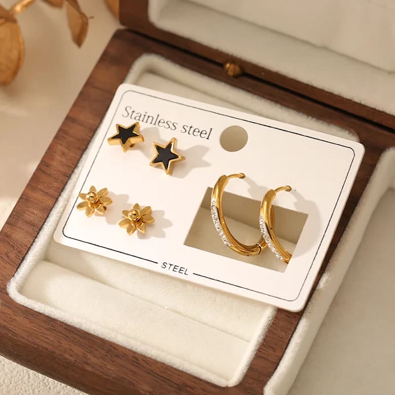 Set de Pendientes de Argolla, Estrella y Flor (3 Pares)