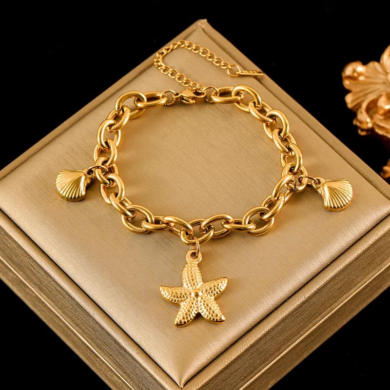 Pulsera de Acero Inoxidable con Abalorios de Estrella de Mar y Concha