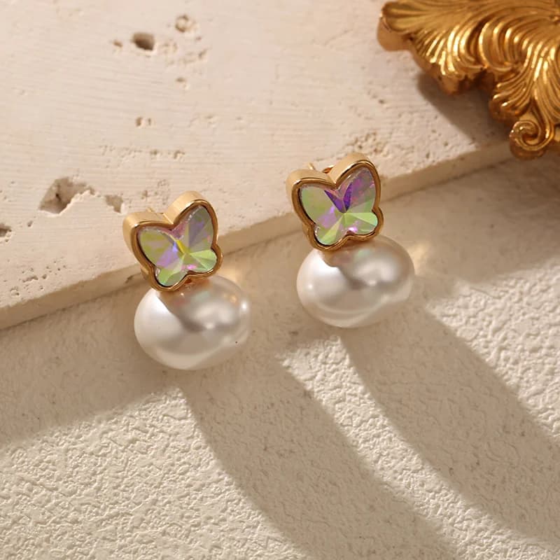 Pendientes de Botón Mariposa Perla, Acero Inoxidable