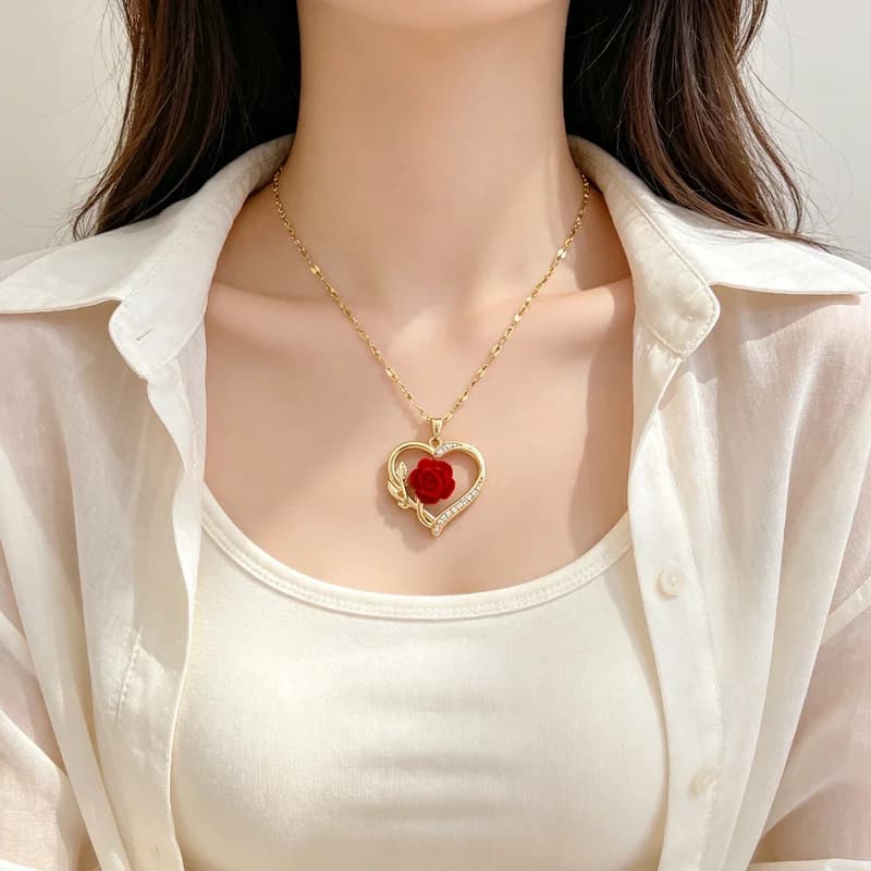 Collar con Colgante Corazón Hueco Rosa Floral