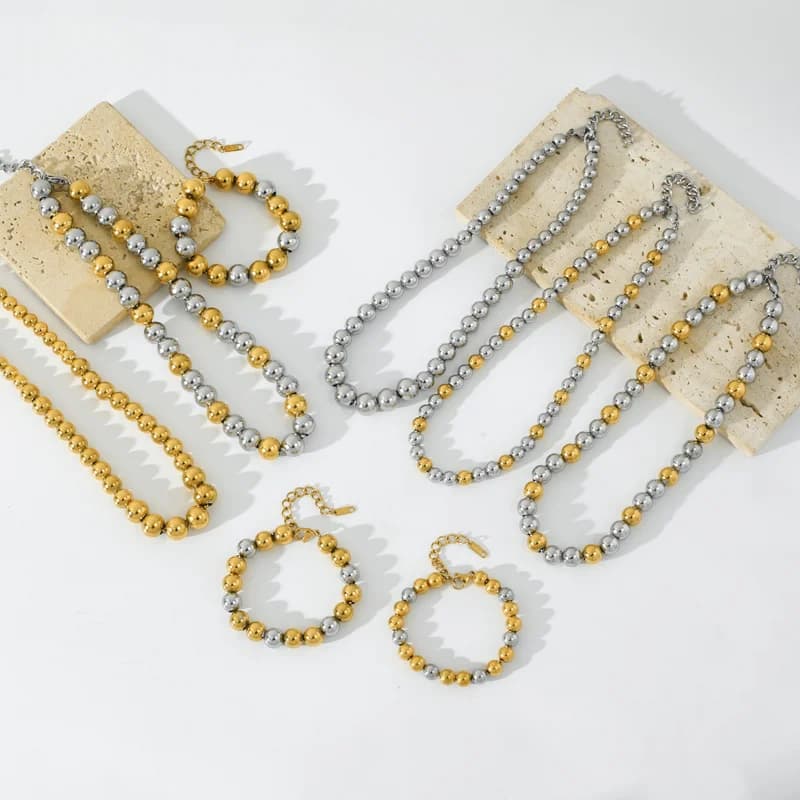 Set de Collar y Pulsera con Cuentas Sólidas Doradas y Plateadas