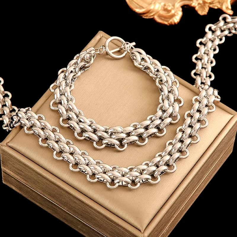 Set de collar y pulsera de cadena cubana, plata