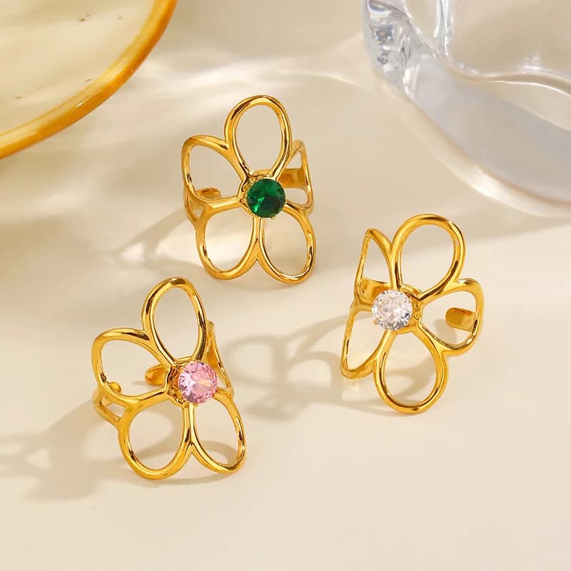 Anillo ajustable de zirconia cúbica con flores