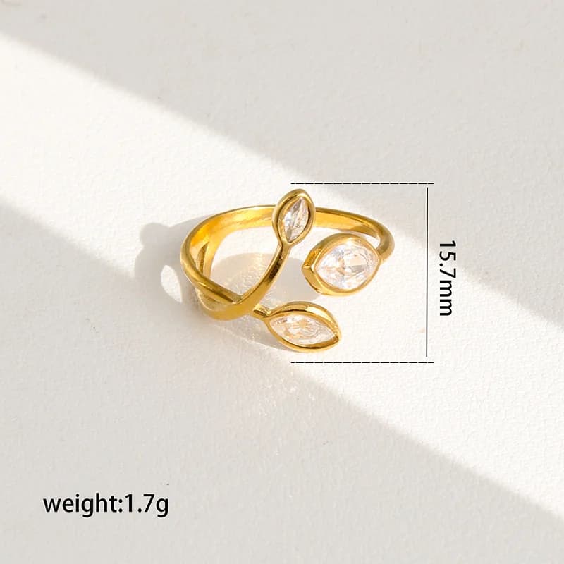 Anillo ajustable de hoja con circonia brillante en acero inoxidable