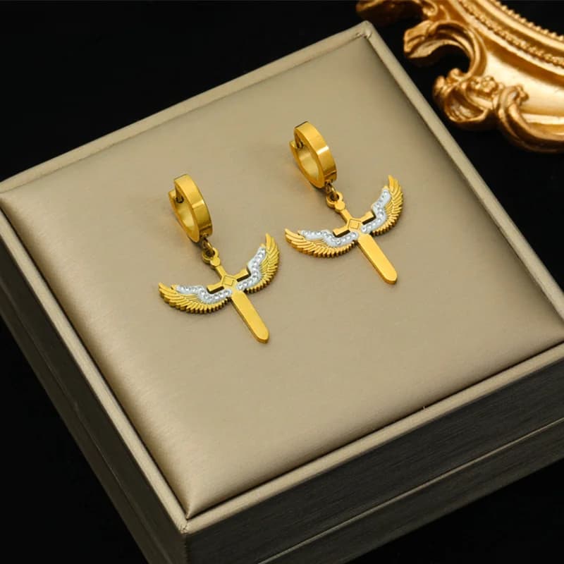 Pendientes Colgantes Fénix Leopardo Cruz Perla
