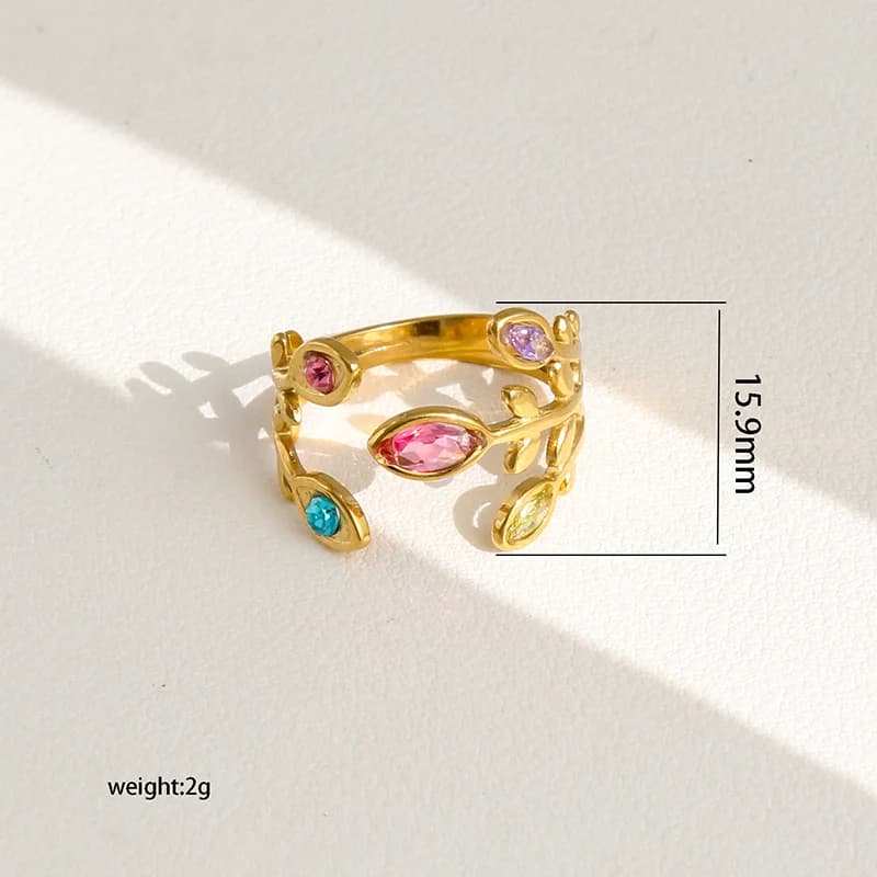 Anillo ajustable de hoja con circonia brillante en acero inoxidable