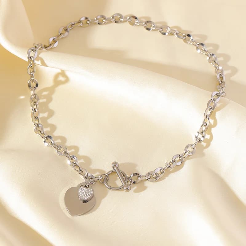 Juego de collar y pulsera de doble corazón, plata
