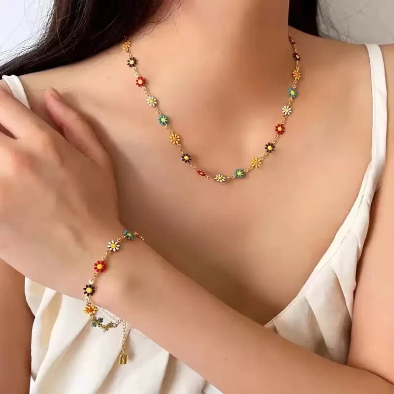 Set de Collar y Pulsera con Flores Margaritas Coloridas
