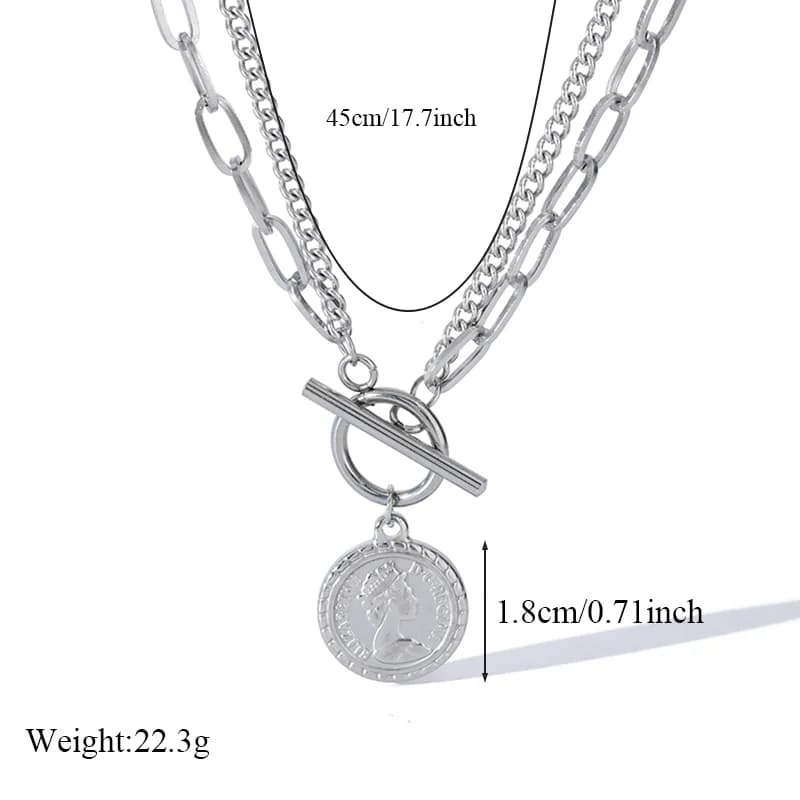Collar con Colgante de Moneda con Retrato, Tono Plata