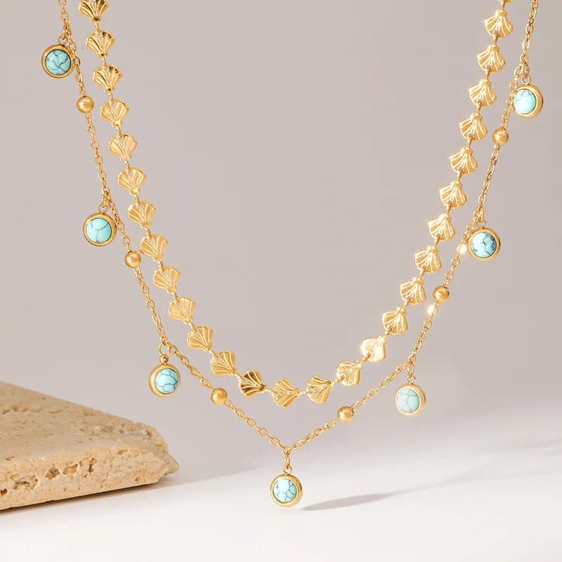 Collar Doble Capa de Acero Inoxidable con Turquesa Artificial