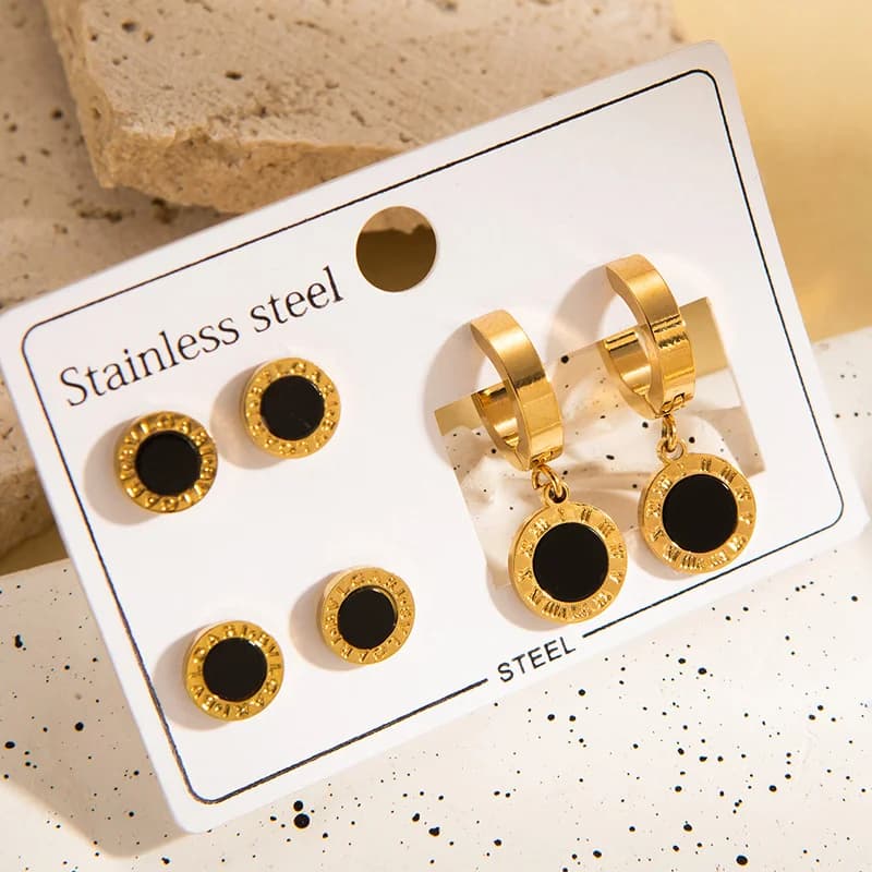 Set de 3 pares de pendientes redondos con números romanos negros