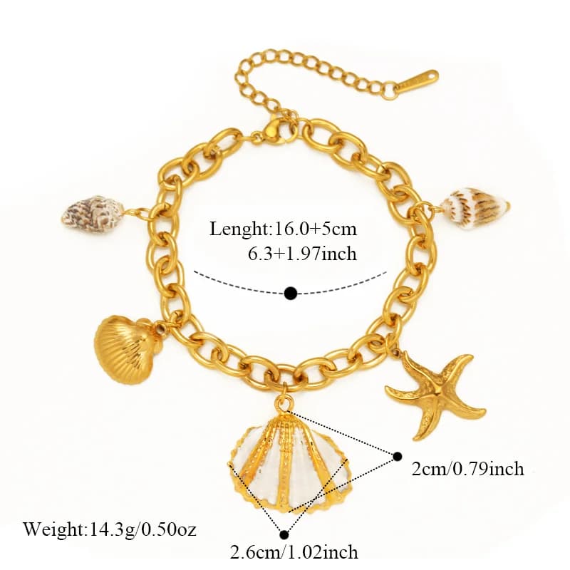 Pulsera Playera de Estrella de Mar y Concha en Acero Inoxidable 316L