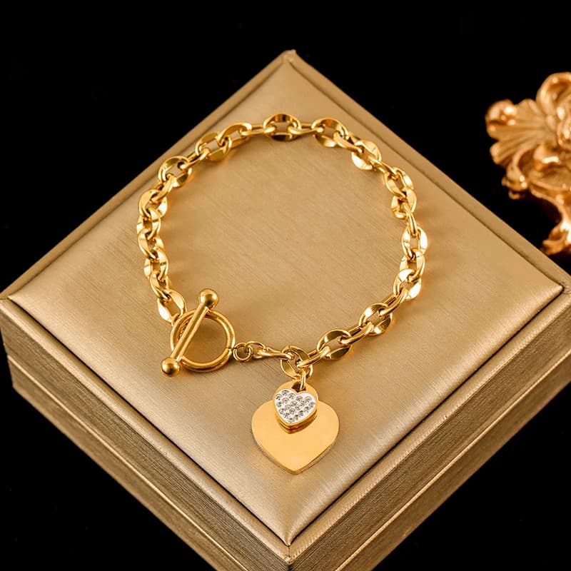 Juego de collar y pulsera de doble corazón, plata