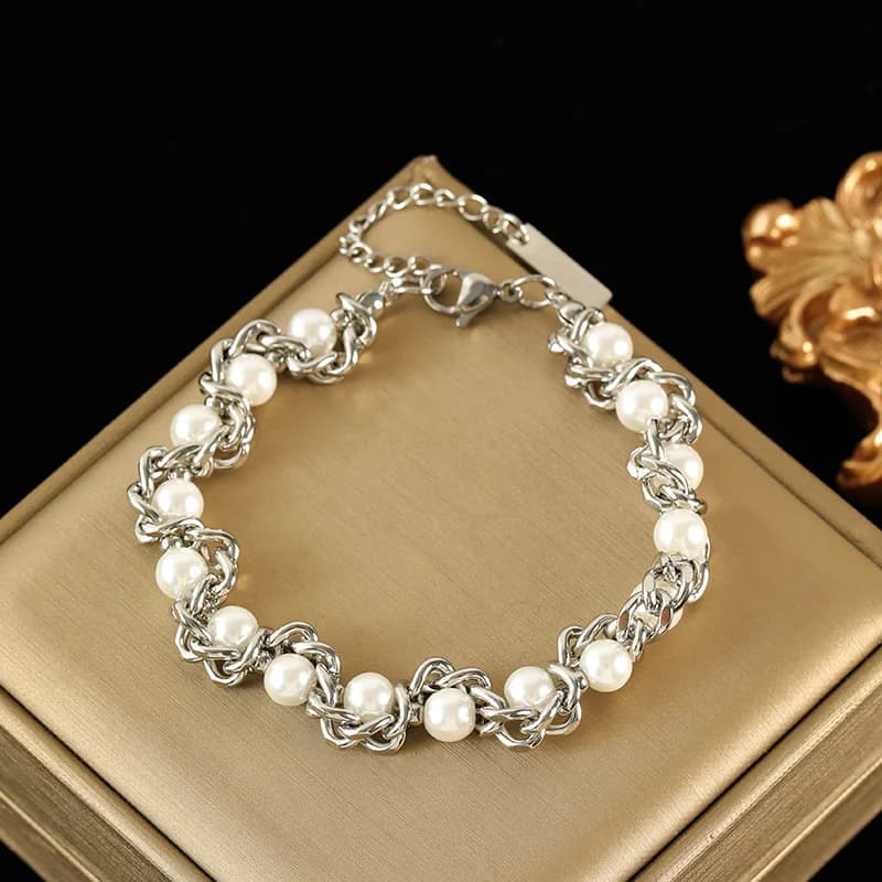 Set de Collar y Pulsera de Perlas y Cadena, Plata