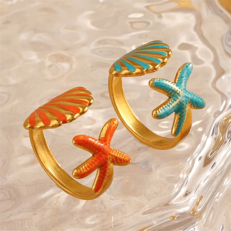 Anillo ajustable de estrella de mar y concha en esmalte, acero inoxidable