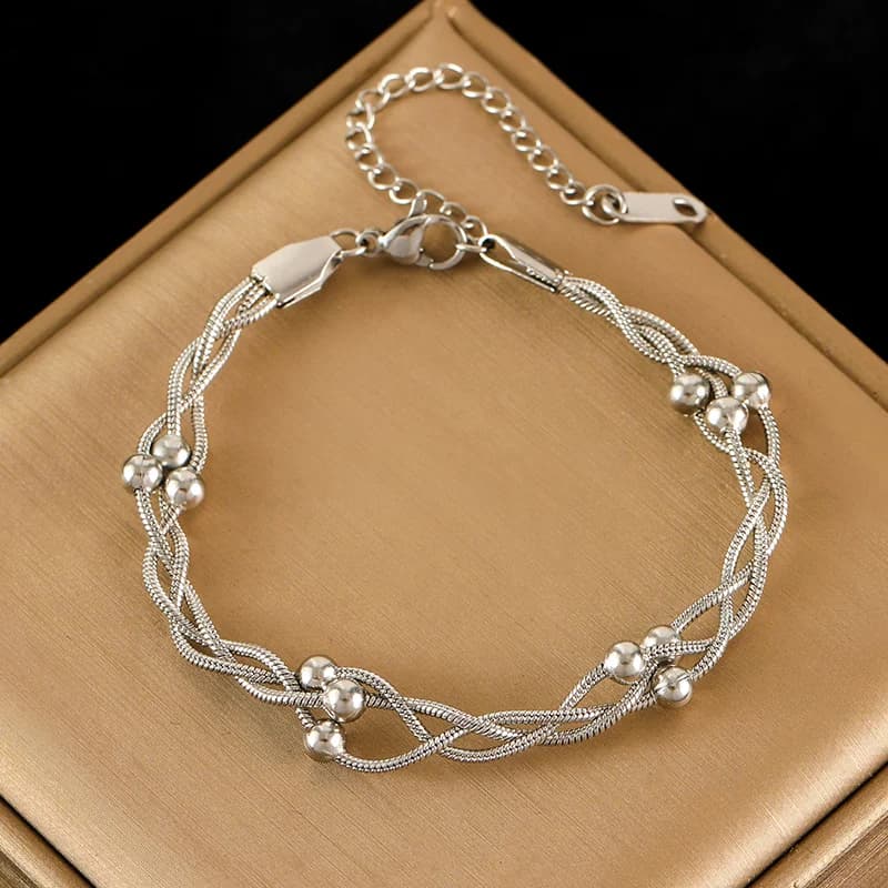 Pulsera de cadena trenzada con cuentas, chapada en oro