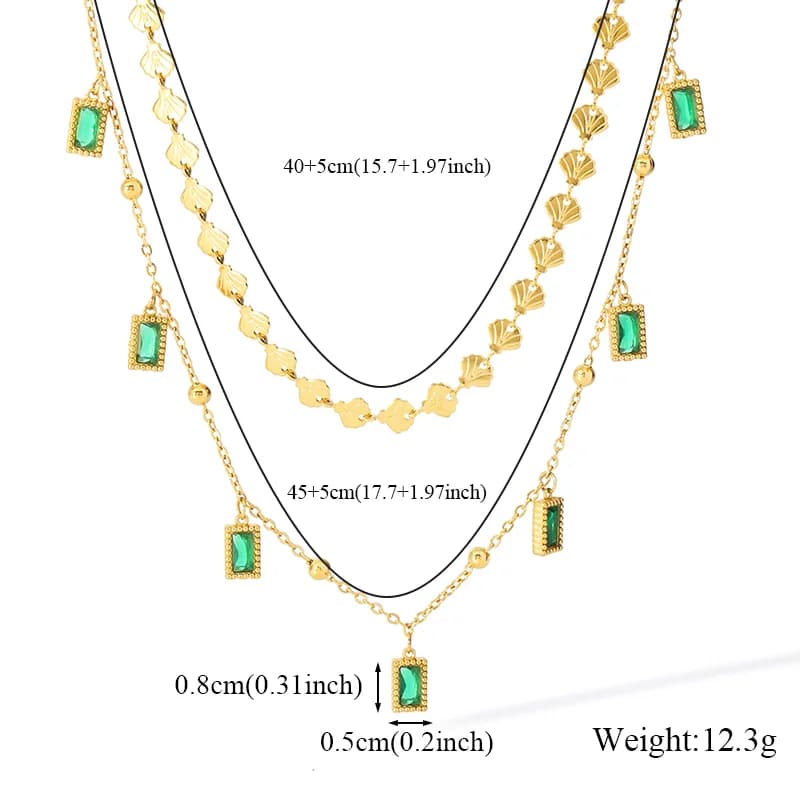 Collar de Dos Capas con Colgante Cuadrado de Cristal Verde
