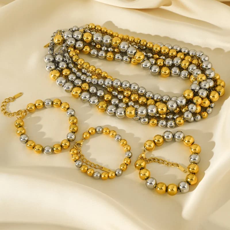 Set de Collar y Pulsera con Cuentas Sólidas Doradas y Plateadas