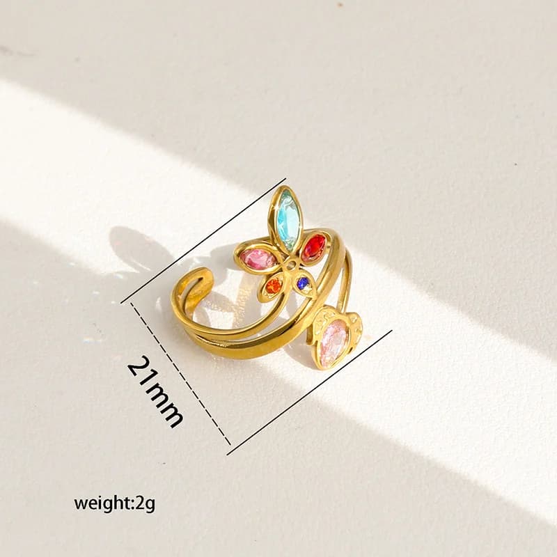 Anillo ajustable de hoja con circonia brillante en acero inoxidable