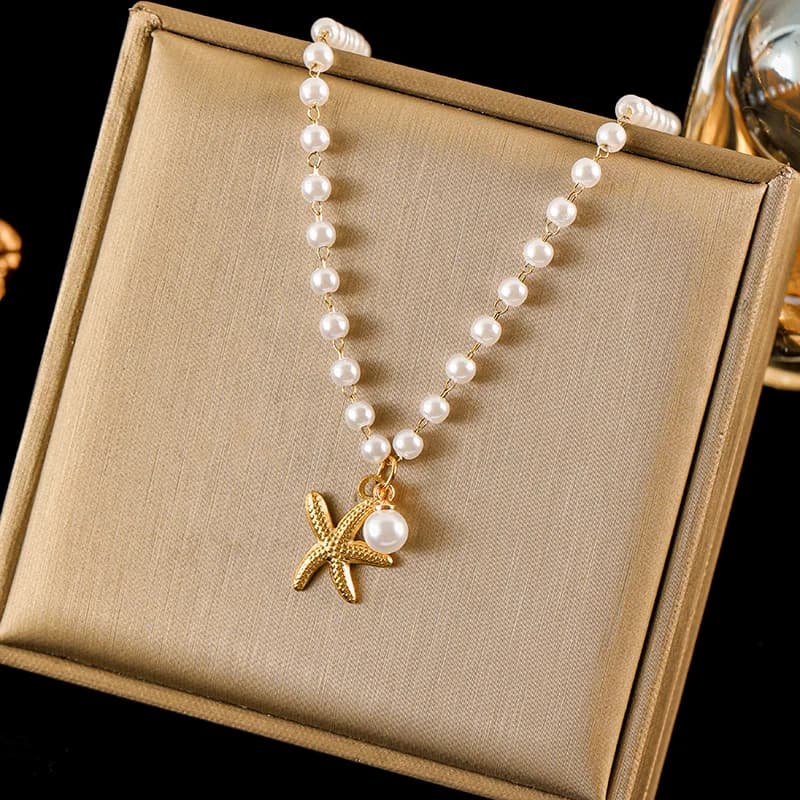 Collar con Colgante de Acero Inoxidable Sol Estrella de Mar y Concha
