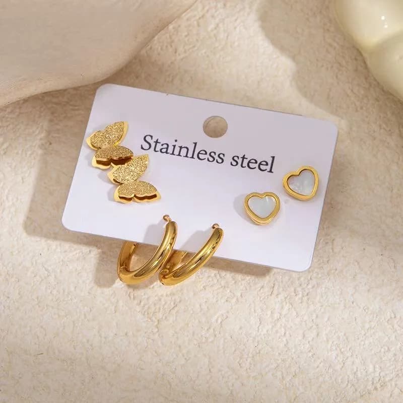 Set de Pendientes de Tuerca con Diseño de Mariposa, Corazón y Aro (3 Pares)