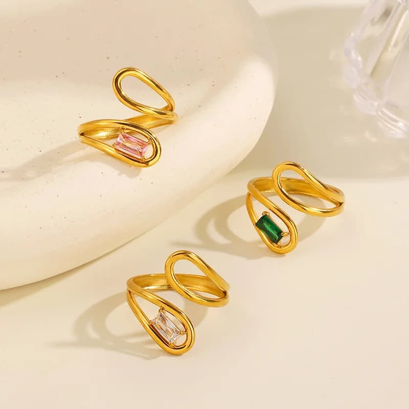 Anillo ajustable geométrico con circonia de vidrio, chapado en oro de 18K