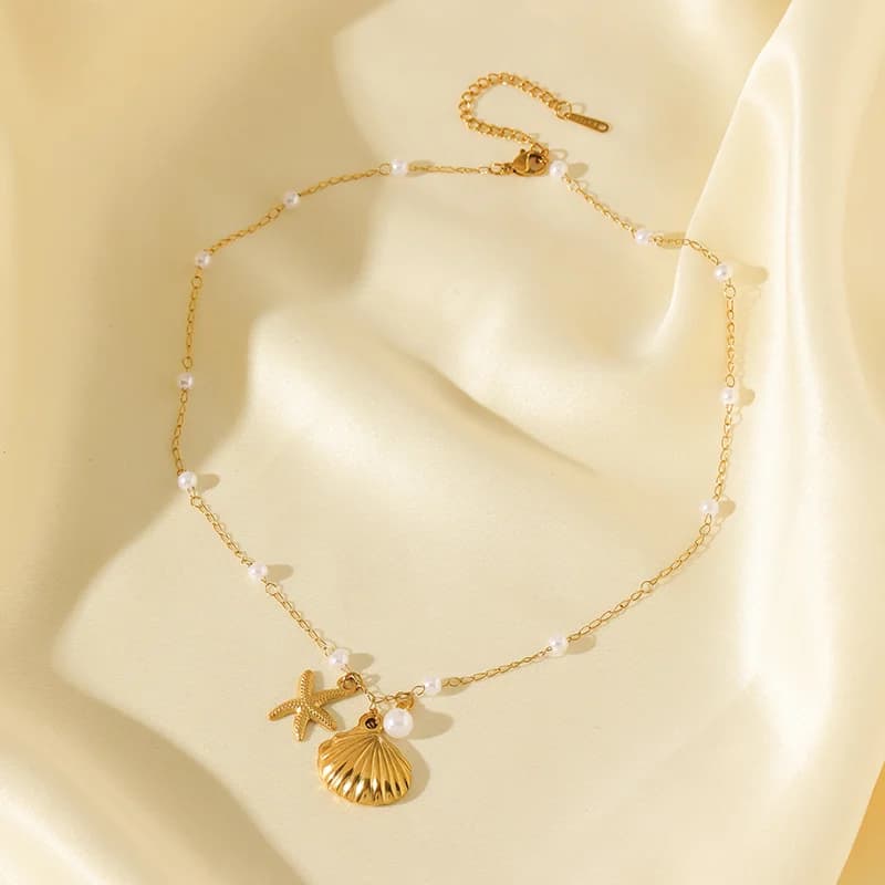 Collar con Colgante de Acero Inoxidable Sol Estrella de Mar y Concha