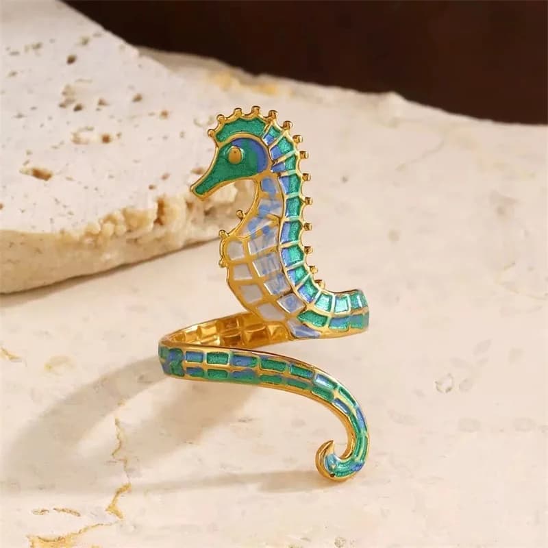 Anillo Abierto Ajustable de Caballito de Mar Esmaltado