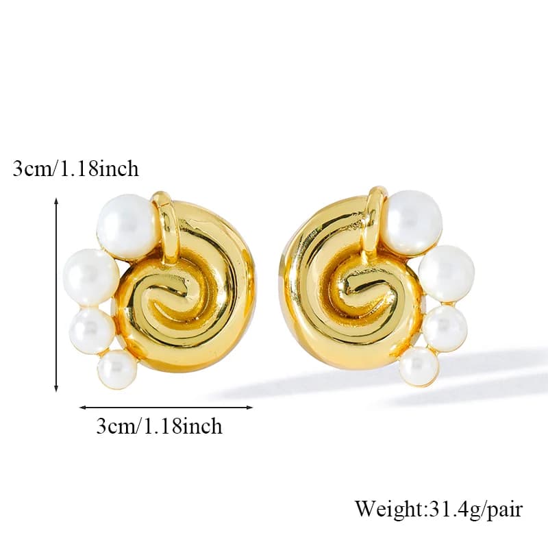 Pendientes de Botón con Colgante de Caracol y Perla, Baño de Oro 18K