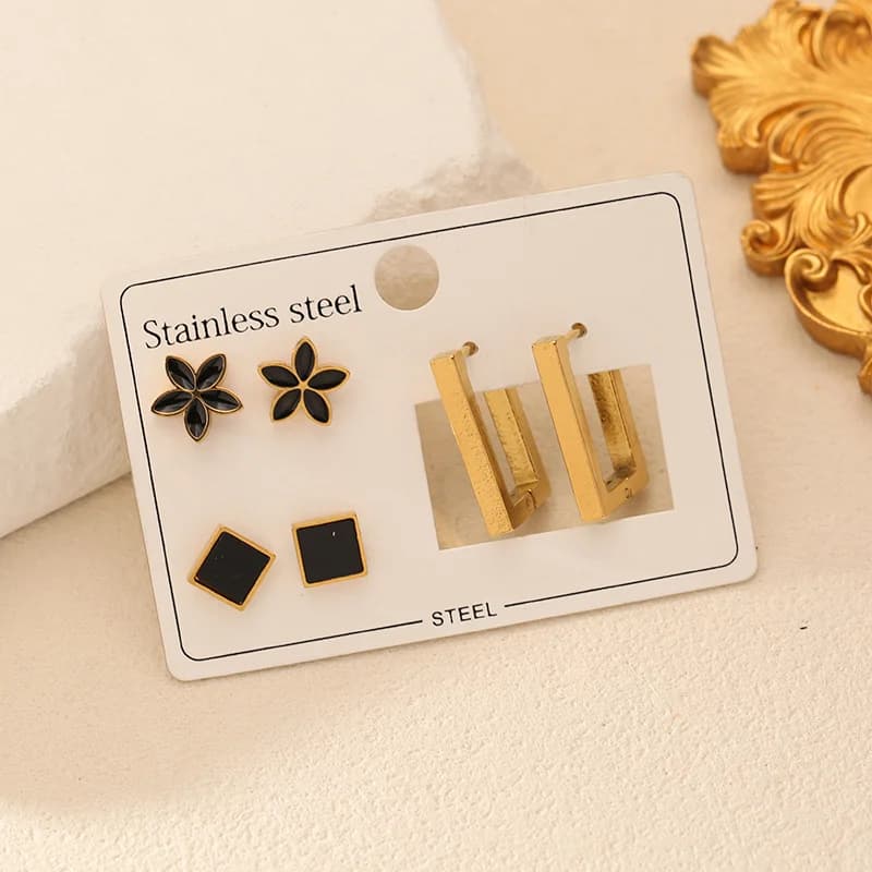 Set de Pendientes de Aro y Studs Geométricos Florales Negros (3 Pares)